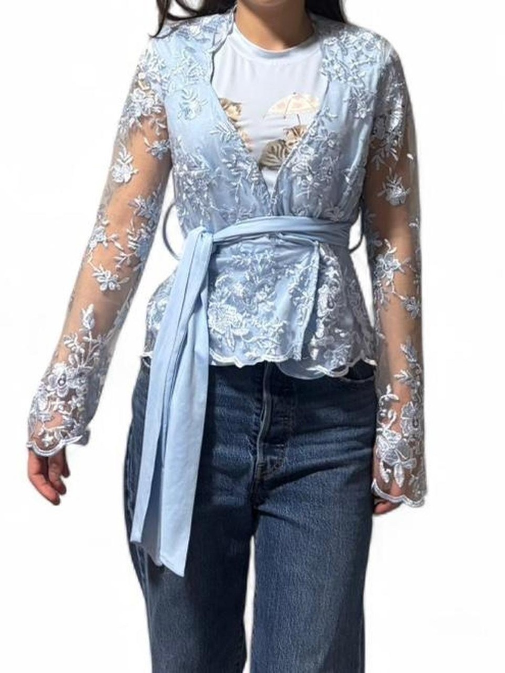 Embroidered Lace Wrap Blouse in Light Blue with Self-Tie Belt